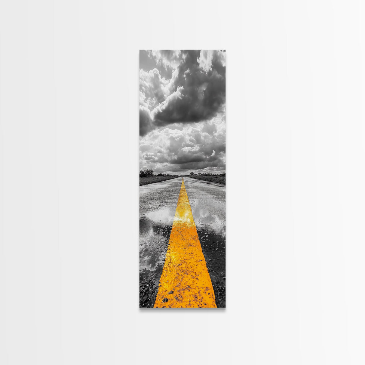 Yellow Road Line, Moody Highway, Stormy Skies, Monochrome Vibes, Framed Canvas Print, Modern Office Art, Minimalist Photography Decor