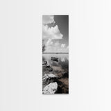 Monochrome Boat Lake, Peaceful Dockside, Still Waters, Minimal Calm, Framed Canvas Print, Bedroom Wall Art, Black White Photography