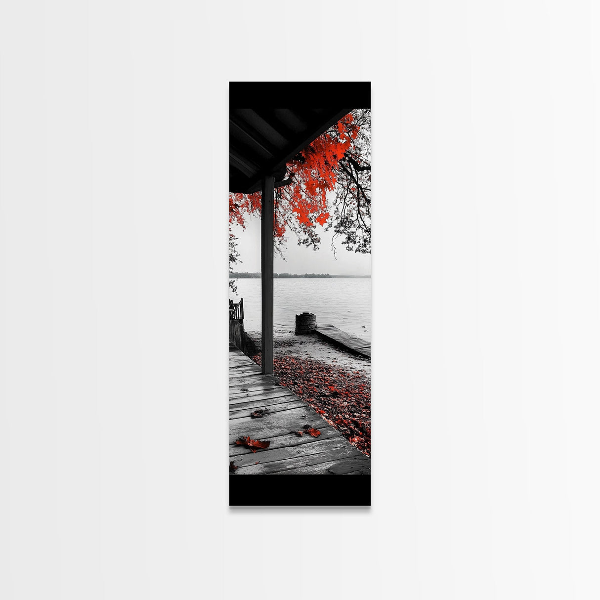 Fall Porch Scene, Lakeview Autumn, Red Leaves Deck, Tranquil Water, Canvas Print, Rustic Wall Art, Cozy Cabin Decor, Entryway Style