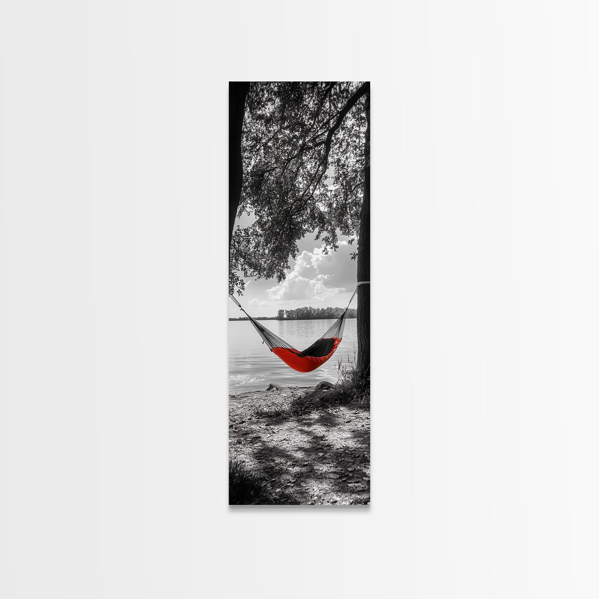 Red Hammock Escape, Nature Lake Art, Serene Moment, Outdoor Vibes, Framed Canvas Print Rustic Bedroom Wall Art, Minimalist Landscape
