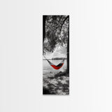 Red Hammock Escape, Nature Lake Art, Serene Moment, Outdoor Vibes, Framed Canvas Print Rustic Bedroom Wall Art, Minimalist Landscape