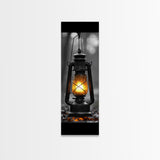 Vintage Lantern Glow, Moody Forest Scene, Rainy Night Light, Framed Canvas Print Rustic Entryway Wall Art, Autumn Warmth Art Style