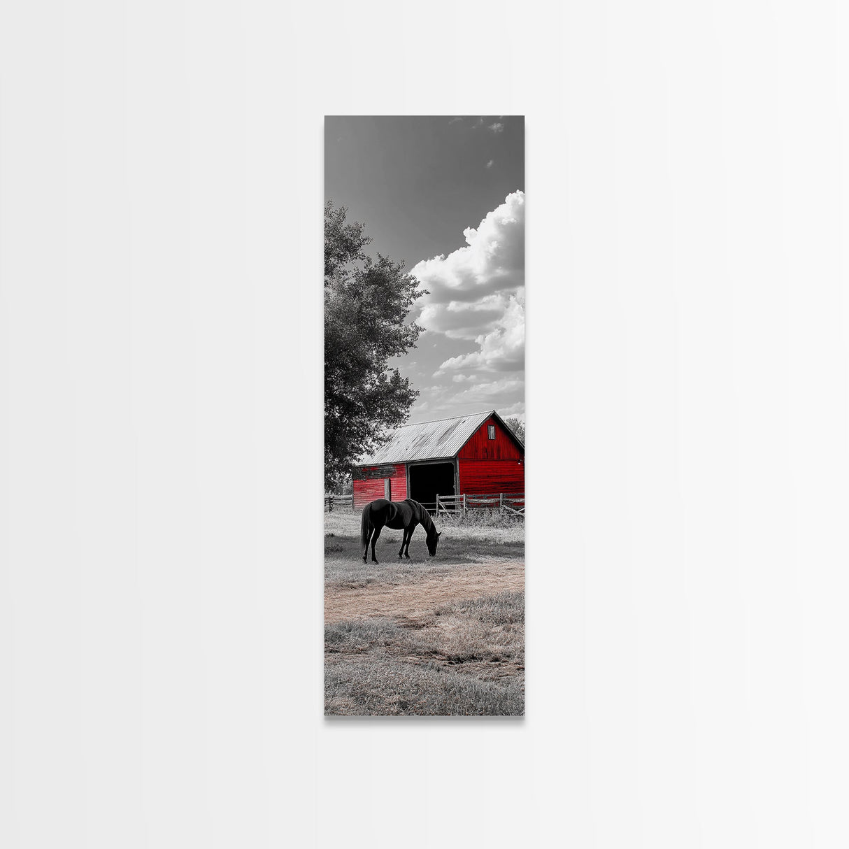 Red Barn, Black Horse, Country Charm, Rustic Farm Framed Canvas Print, farmhouse wall decor, autumn art, rustic bedroom wall art