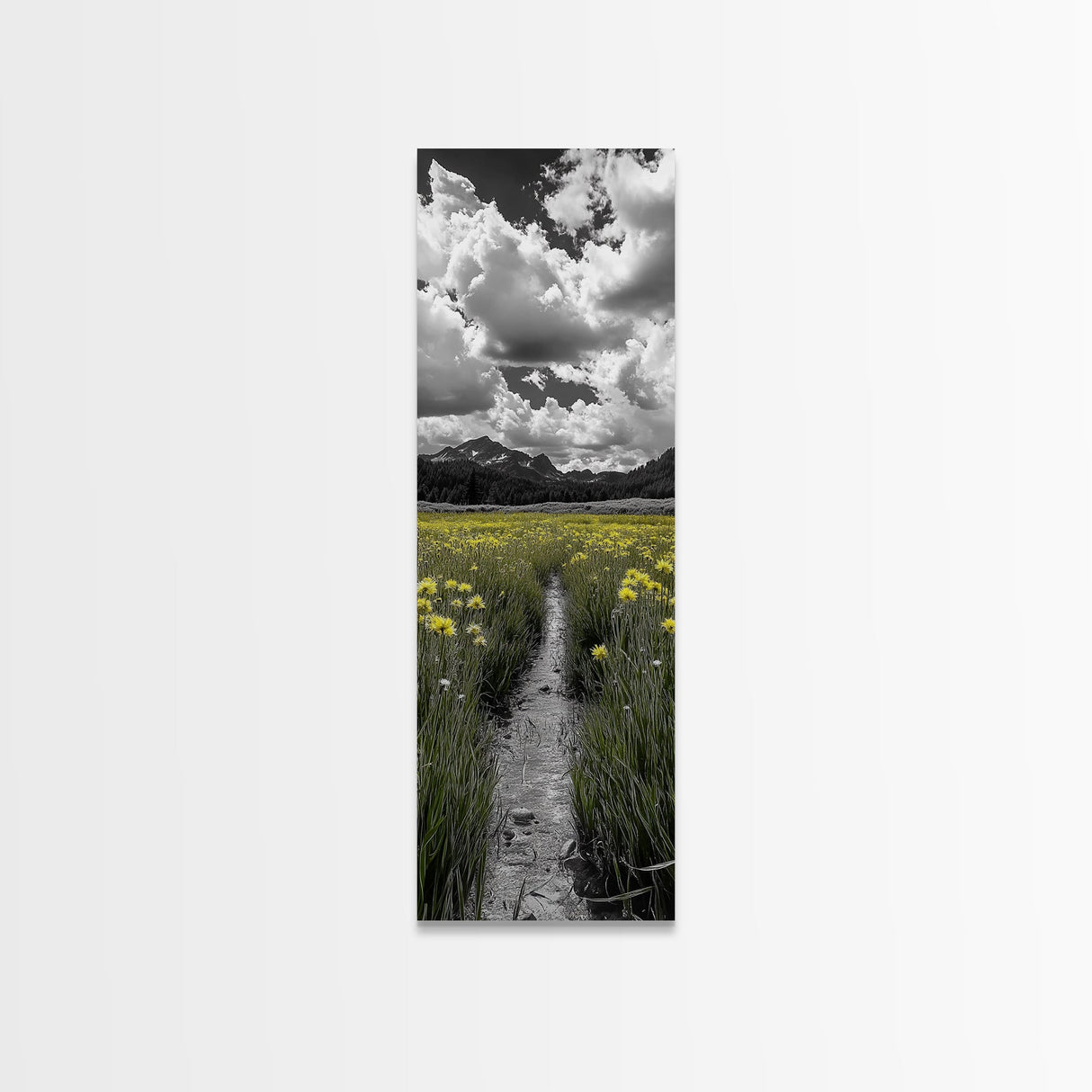 Yellow Field, Mountain Trail, Alpine Meadow, Bright Sky Framed Canvas Print, nature lover gift, landscape wall decor, cabin wall art
