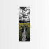 Yellow Field, Mountain Trail, Alpine Meadow, Bright Sky Framed Canvas Print, nature lover gift, landscape wall decor, cabin wall art