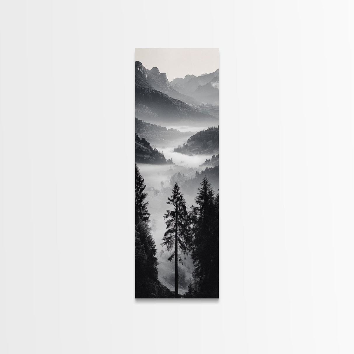 Foggy Mountains, Pine Forest, Valley Mist, Calm Landscape, Canvas Print, entryway wall art, cozy cabin vibes, grayscale art style