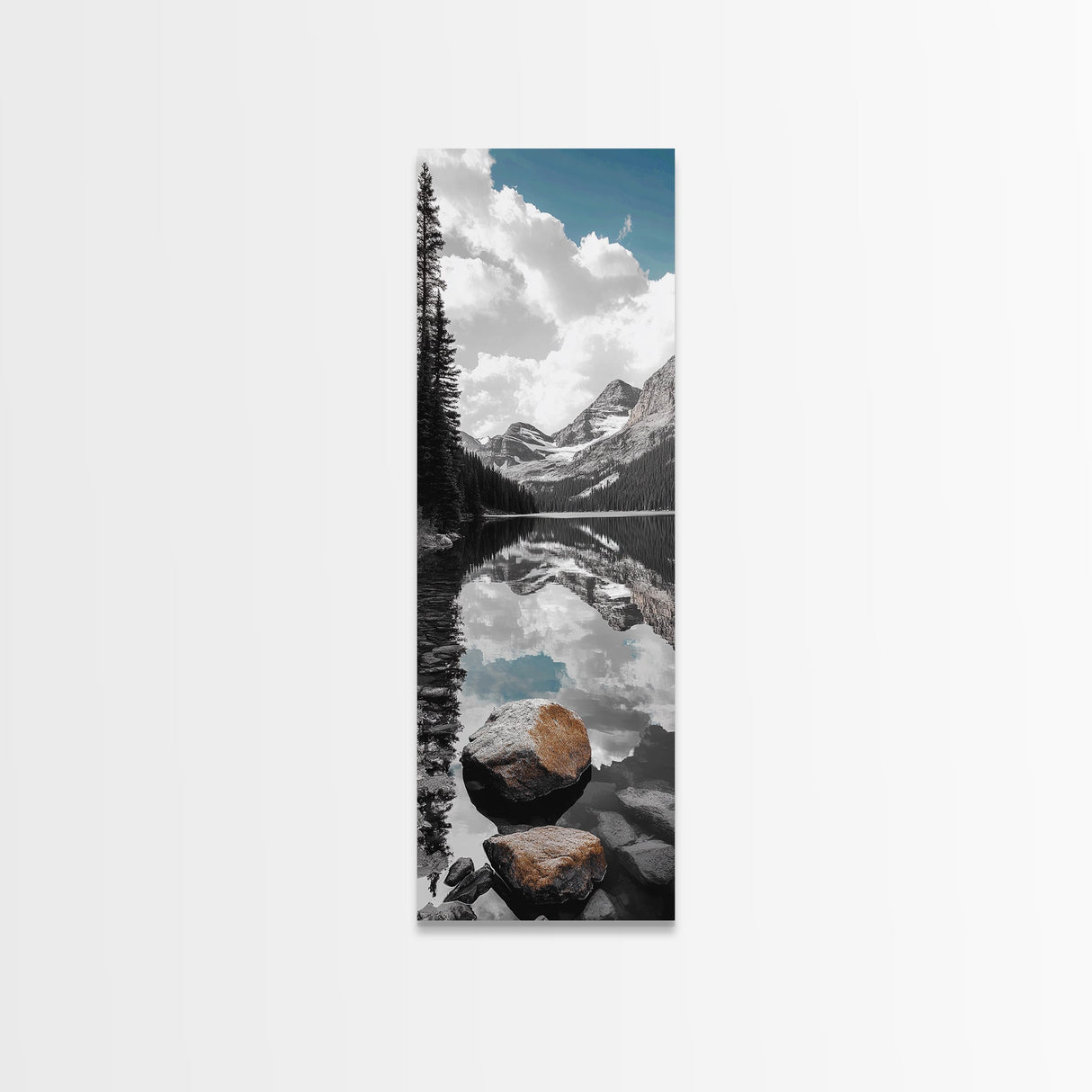Alpine Reflection, Lake View, Mountain Tranquility, Framed Canvas Print, Nature Lover Gift, Bathroom Wall Art, Boho Landscape Art, Neutral Decor