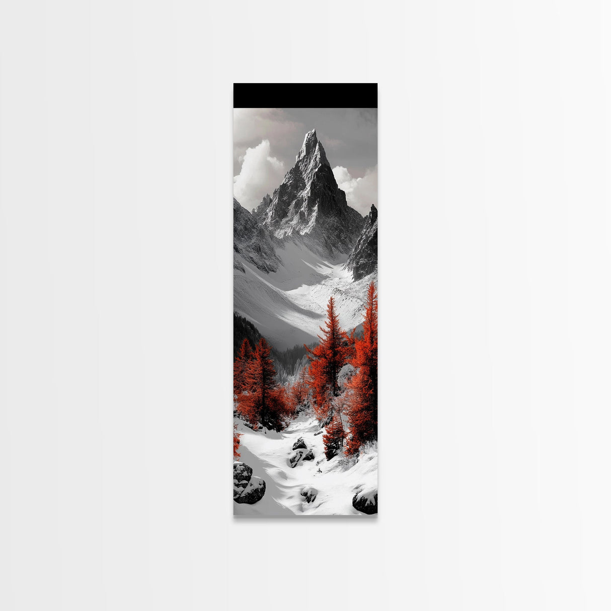 Red Trees, Snowy Mountain, Dramatic Landscape, Framed Canvas Print, Winter Wonderland Art, Office Wall Decor, Moody Nature Scene Print