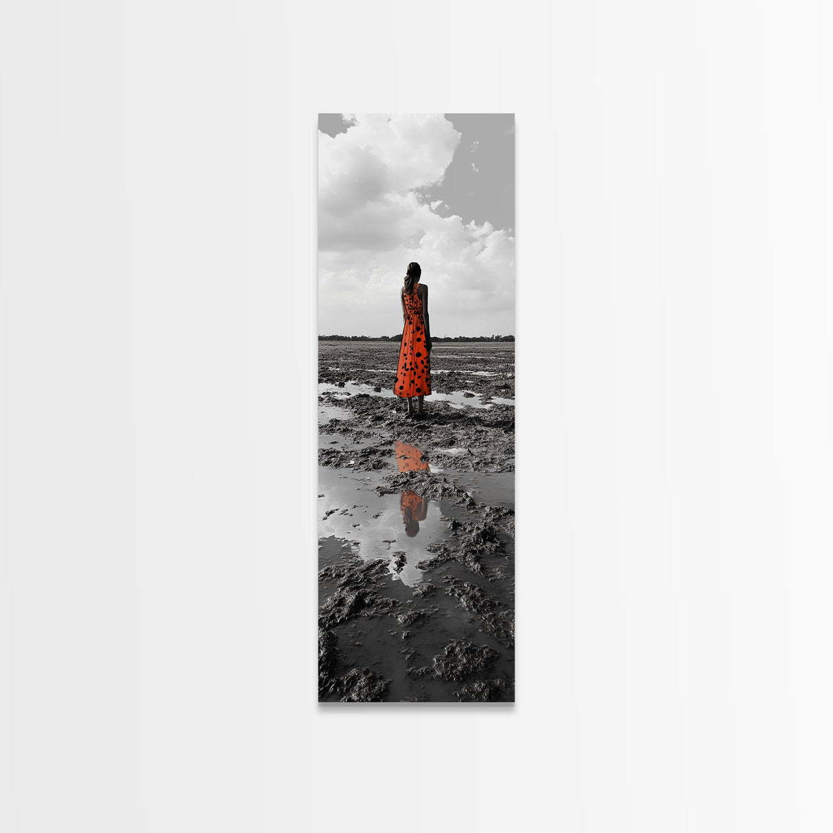 Solitary Woman, Polka Dot Dress, Reflected Mood, Framed Canvas Print, Surreal Fine Art, Bedroom Wall Art, Contemporary Minimalist Style