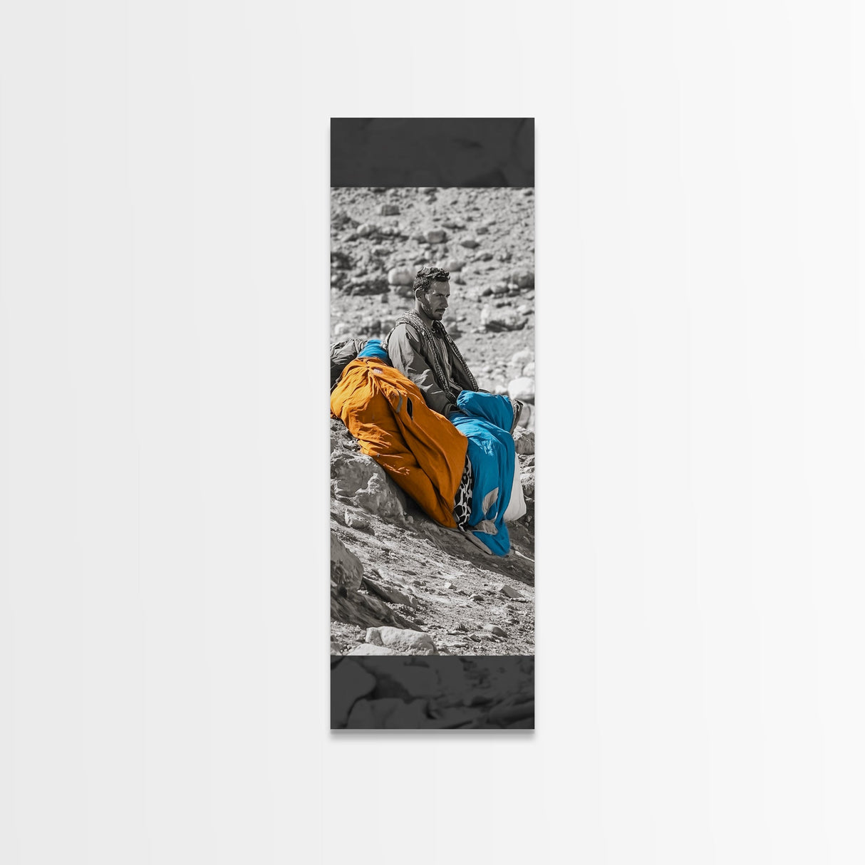 Nomadic Man, Desert Life, Color Blankets, Tribal Spirit, Framed Canvas Print, Ethnic Art, Boho Decor, Bedroom Wall Art, Cultural Piece