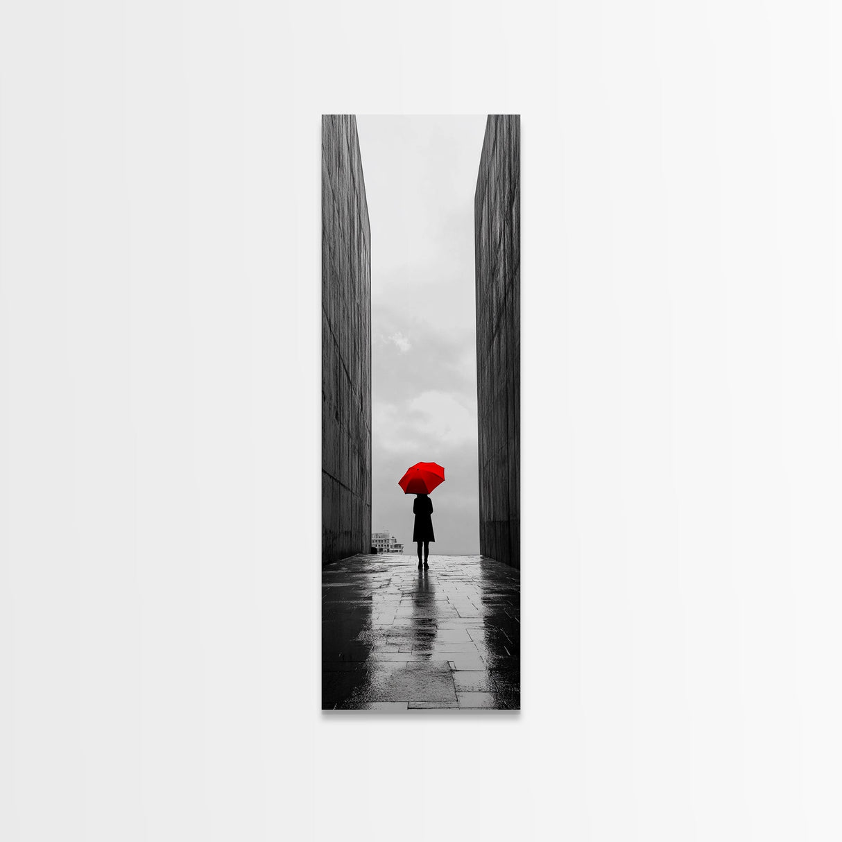 Red Umbrella, Rainy Day, Urban Silhouette, Framed Canvas Print, Minimalist Wall Art, Modern Entryway Decor, Monochrome Mood