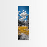 Golden Field, Mountain Range, Blue Sky, Framed Canvas Print, Autumn Landscape Art, Nature Lover Gift, Cabin Wall Art, Rustic Farmhouse Decor