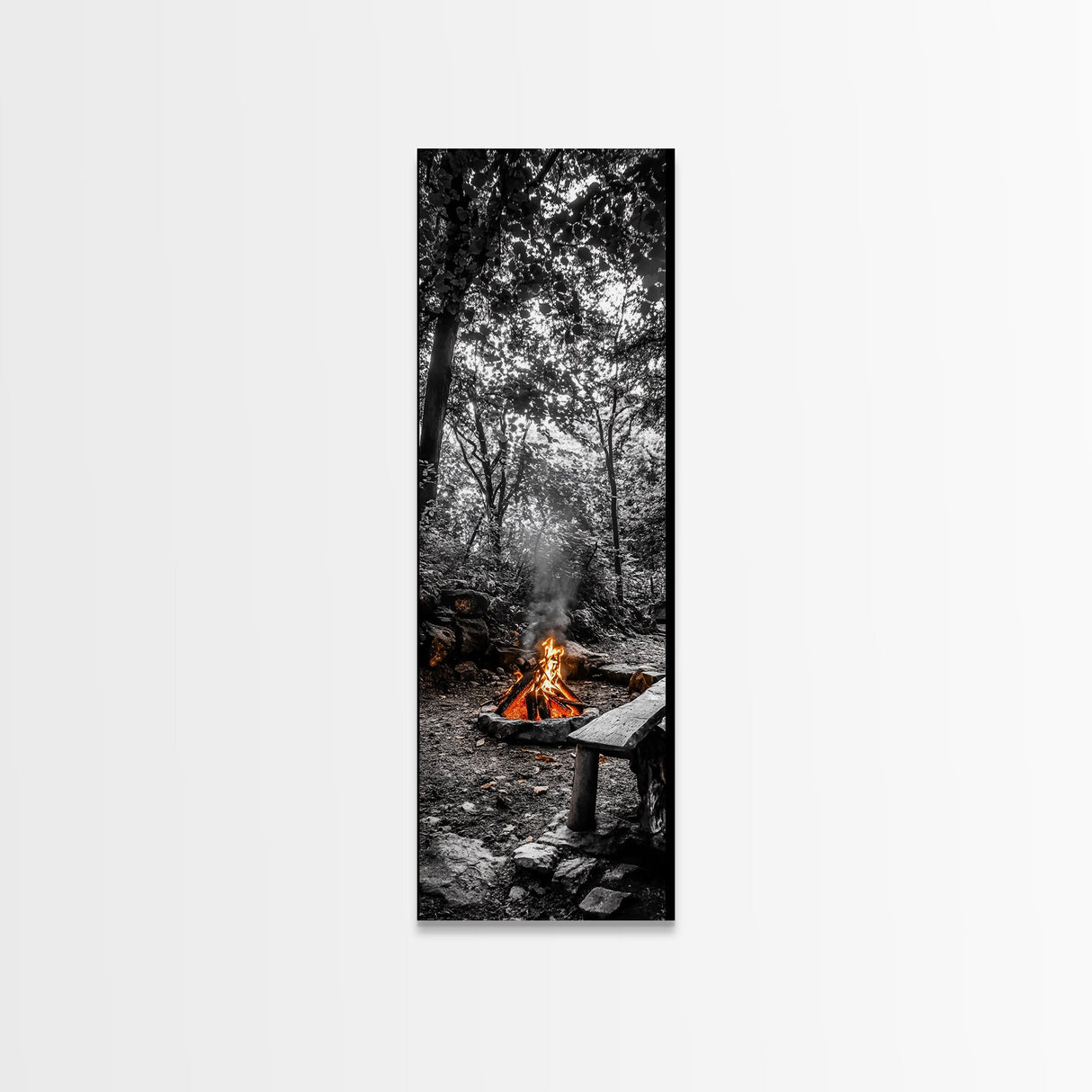 Forest Firepit, Glowing Flames, Wilderness Night, Framed Canvas Print, Camping Wall Art, Rustic Fall Decor, Cabin Living Style