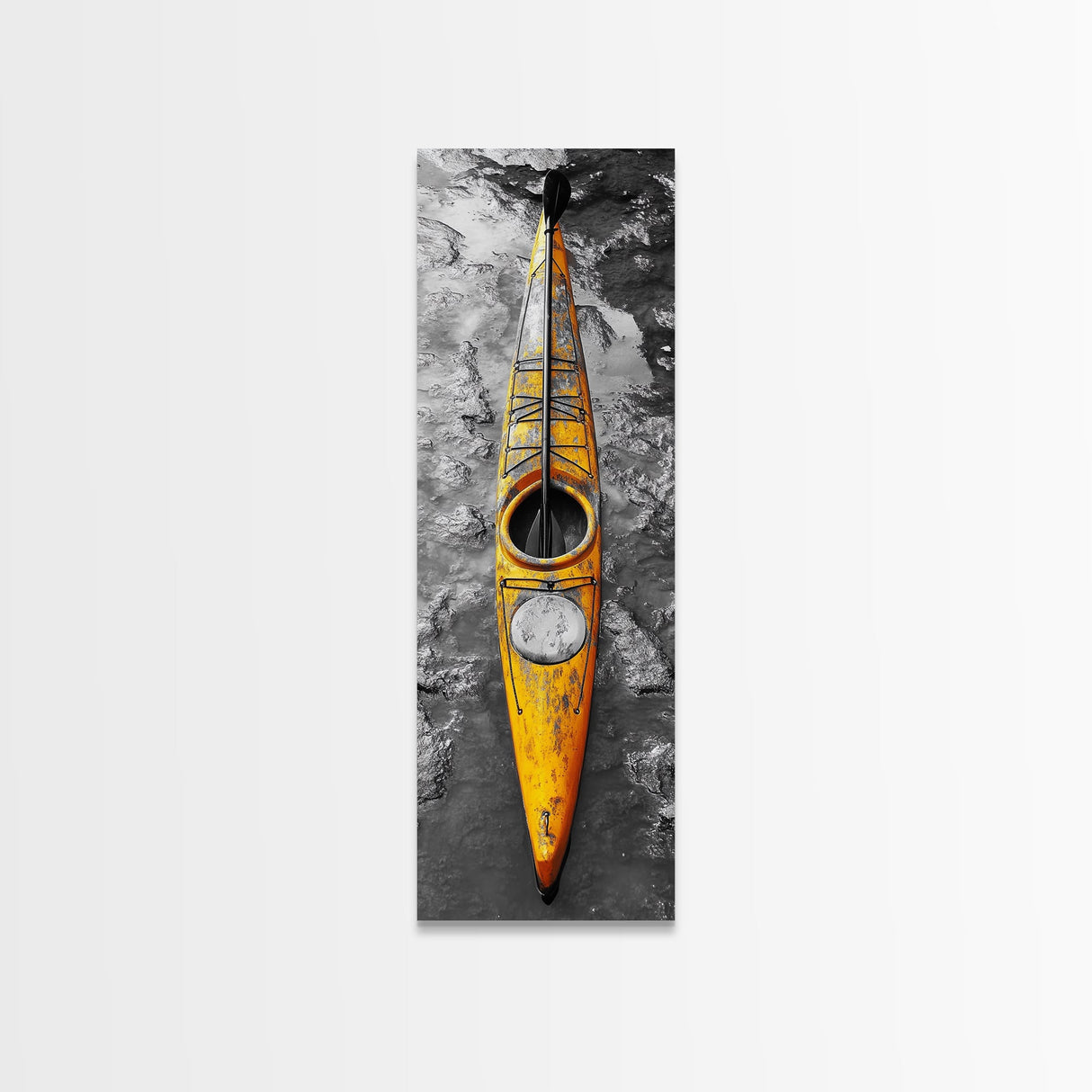 Yellow Kayak, Muddied Shoreline, Solo Adventure, Framed Canvas Print, Rustic Outdoors Decor, Autumn Wall Art, Boho Kayaking Style