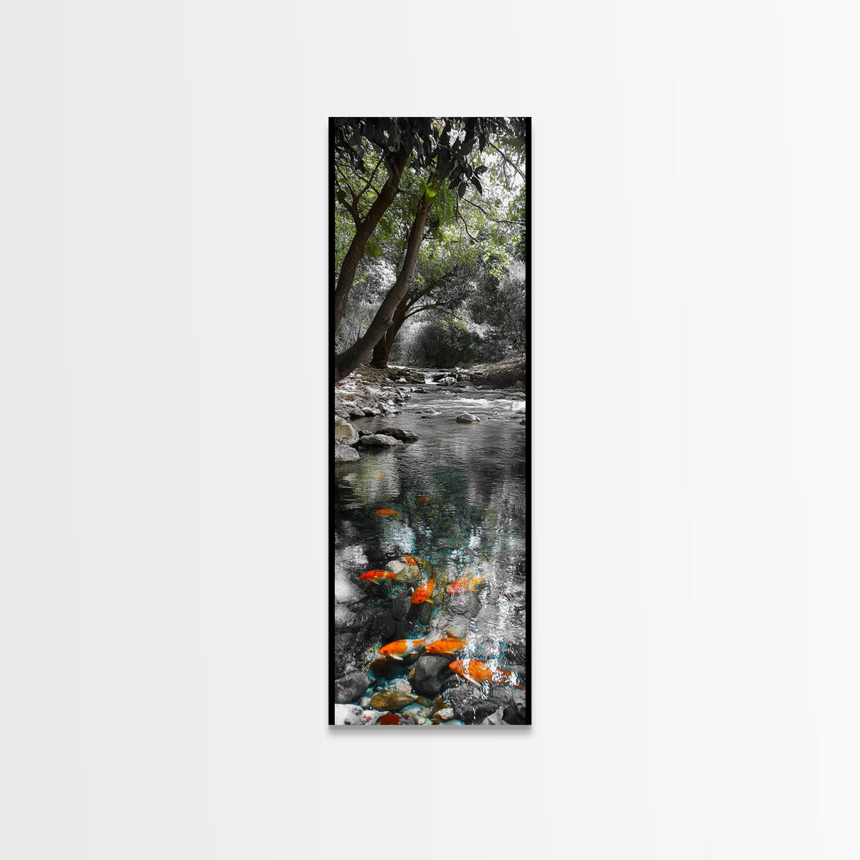 Koi Pond, Peaceful Water, Zen Garden Vibes, Orange Fish, Reflective Nature, Framed Canvas Print, Serene Bedroom Wall Art, Living Room Art