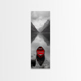 Red Canoe, Mountain Lake, Minimalist Reflection, Snowy Peaks, Framed Canvas Print, Nordic Cabin Wall Art, Serene Bedroom Decor