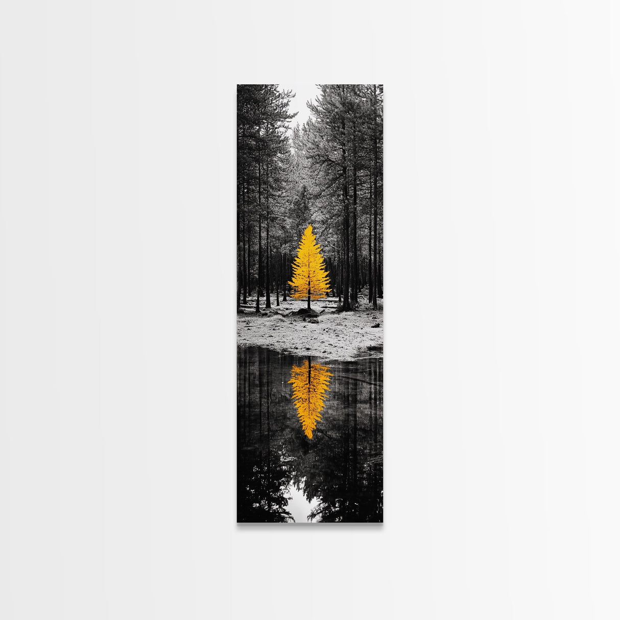 Golden Tree, Forest Reflection, Autumn Solitude, Nature Focused Minimalism, Framed Canvas Print, Zen Bathroom or Office Wall Art