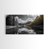 Lake, Mountains, Trees, Reflective mountain lake landscape in this Framed Canvas Print, peaceful Nature Lover Living Room Wall Art