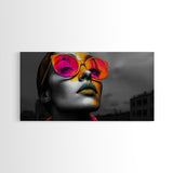 Pop Art, Sunglasses, Neon, Bold and vibrant pop art woman in neon shades on Framed Canvas Print, modern Teen Room Wall Art, Stylish Decor