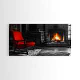 Fireplace, Red Chair, Cozy firelight and bold red accent chair on this Framed Canvas Print, Cozy Fall Living Room Art, Cabin Decor Accent