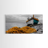 Fishing Boat, Coastal Life, Yellow Net, Framed Canvas Print, Nautical Decor, Beach House Wall Art, Seaside Photography, Ocean Lover Gift