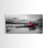 Red Cabin, Lake House, Mountain Reflection, Framed Canvas Print, Nordic Art, Winter Landscape, Bedroom Wall Art, Modern Minimalist Decor