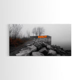 Fog Wall, Concrete Graffiti, Misty Lake Path, Framed Canvas Print, Urban Nature Blend, Moody Art, Hallway Decor, Modern Grayscale Style