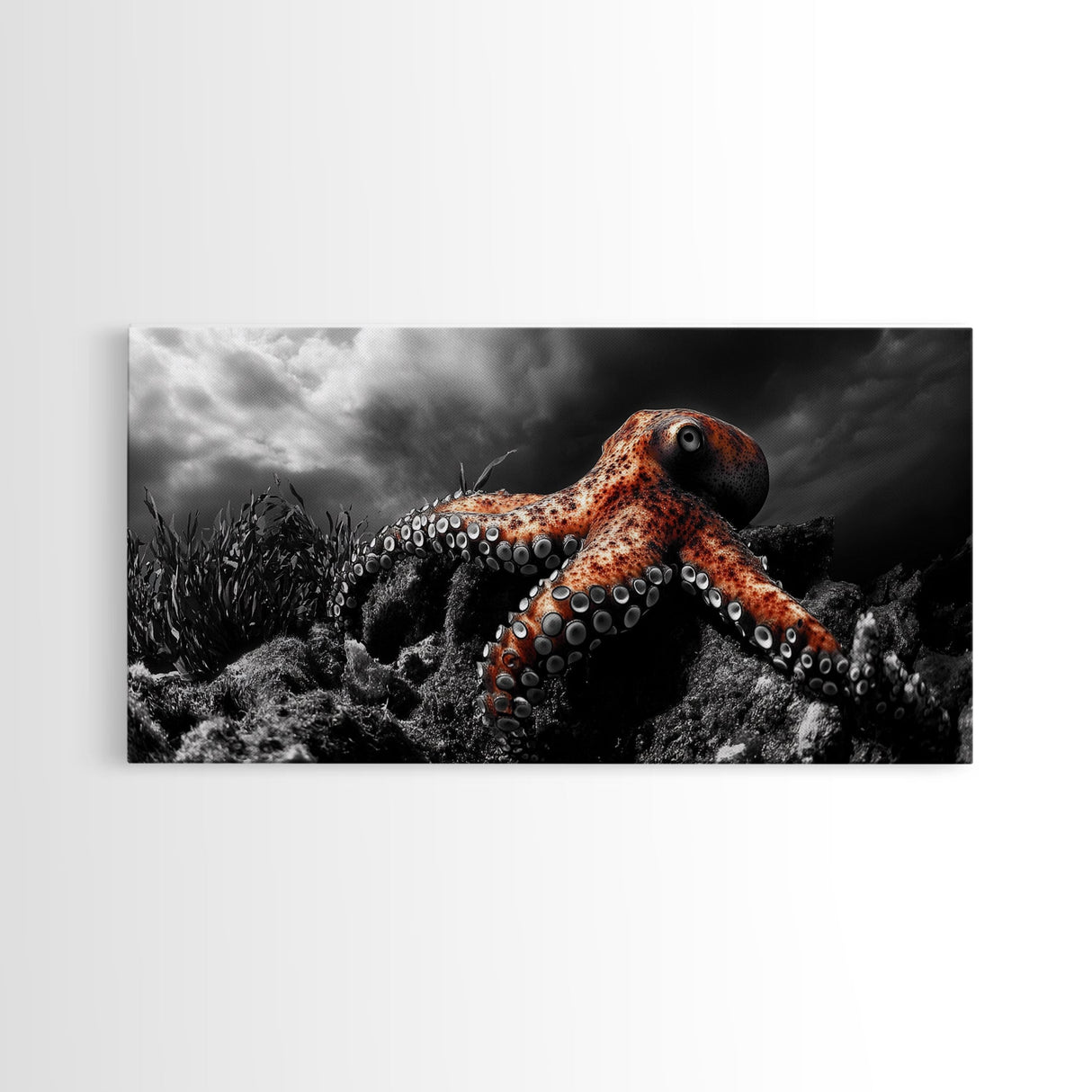 Octopus Ocean, Sea Creature Art, Deep Sea Wall Art, Marine Decor, Framed Canvas Print, Bathroom Wall Art, Moody Nautical, Coastal Vibes