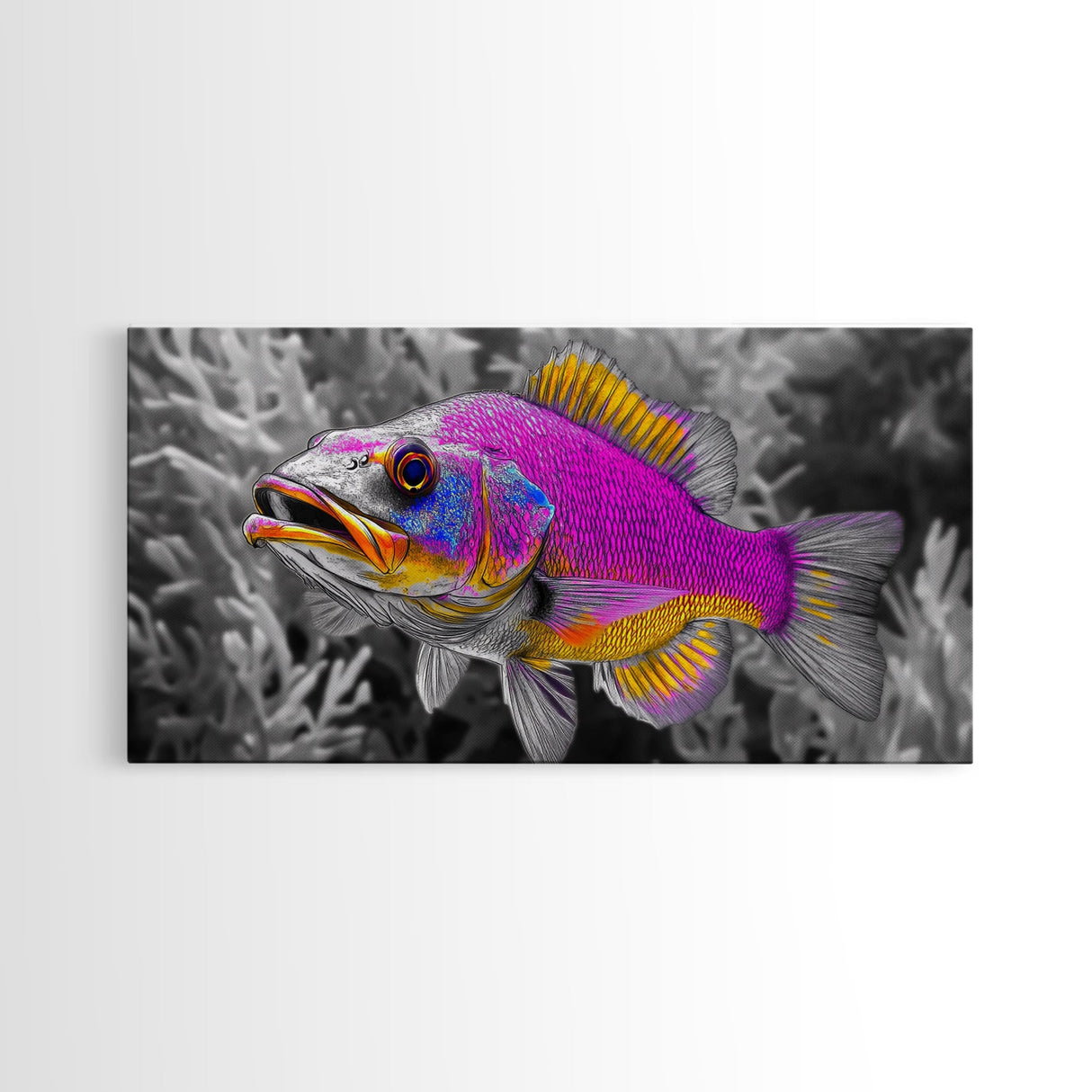 Neon Fish, Vibrant Sea Life, Underwater Wall Art, Ocean Fantasy, Framed Canvas Print, Kids Room Decor, Tropical Pop Art, Bold Colors