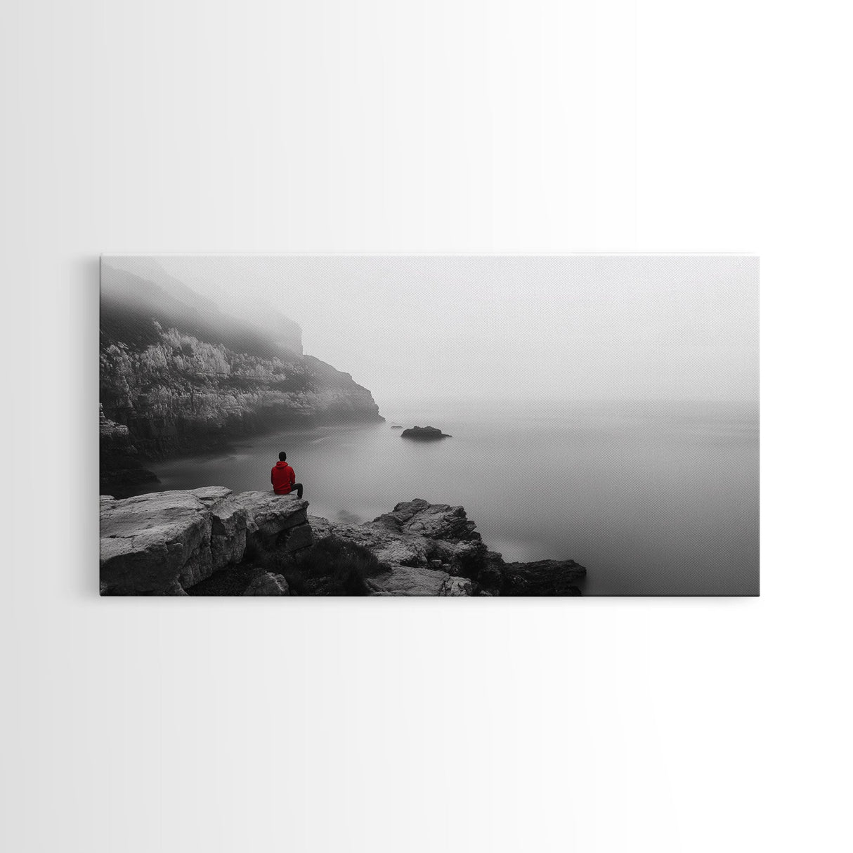 Red Hoodie, Ocean Cliff, Misty Silence, Framed Canvas Print, Minimalist Solitude Art, Mental Health Awareness, Bedroom Wall Decor, Calm Scene