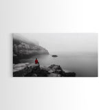 Red Hoodie, Ocean Cliff, Misty Silence, Framed Canvas Print, Minimalist Solitude Art, Mental Health Awareness, Bedroom Wall Decor, Calm Scene