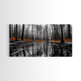 Reflected Forest, Orange Leaves, Tranquil River, Monochrome Fall, Canvas Print, Rustic Decor, Bedroom Wall Art, Woodland Scene
