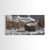 Snowy Cabin, Winter Landscape, Mountain Lodge, Rustic Retreat, Framed Canvas Print, Cozy Wall Art, Cabin Living, Holiday Decor