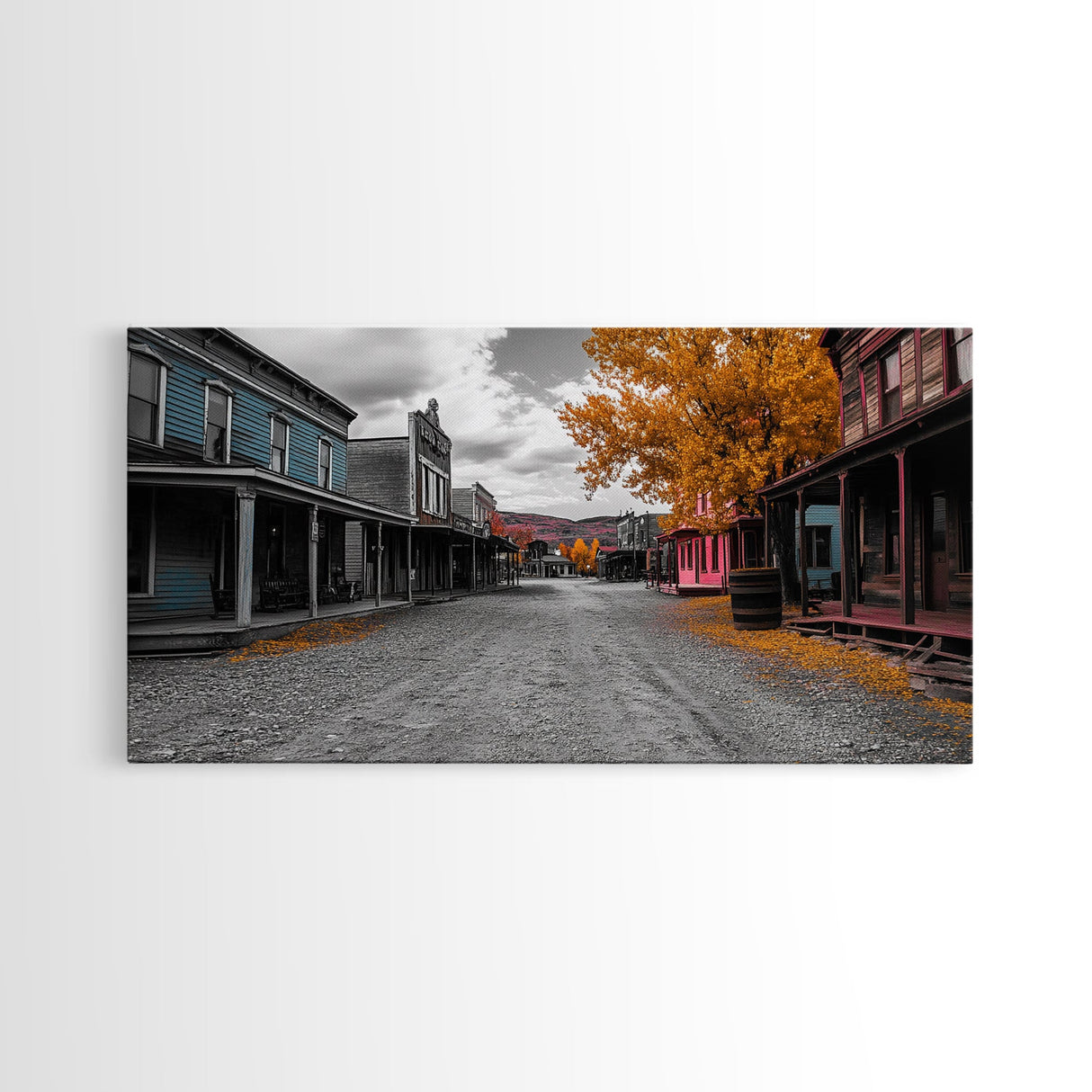 Wild West Town, Autumn Trees, Empty Street, Color Pop, Framed Canvas Print, Rustic Wall Decor, Hallway Art, Americana Style