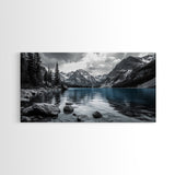 Tranquil Lake, Mountain View, Nature Calm, Winter Reflections, Framed Canvas Print, Living Room Wall Art, Serene Landscape Photography