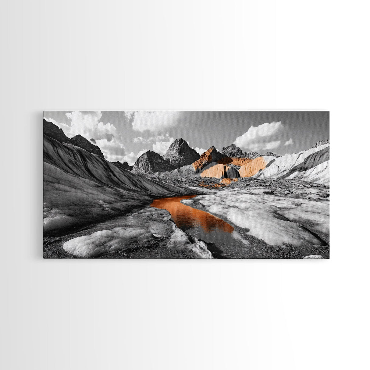 Glacial Canyon, Orange Reflection, Monochrome Mountain, Fall Landscape, Framed Canvas Print, Rustic Wall Decor, Adventure Photography