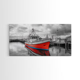 Red Boat, Dock Reflections, Moody Sky, Harbor Life, Framed Canvas Print, Nautical Wall Decor, Coastal Art, Living Room Art, Maritime Style