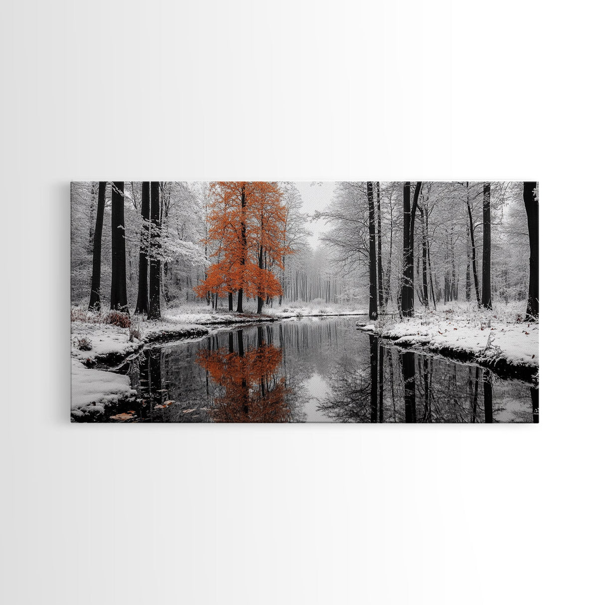 Orange Tree, Snow Forest, Winter River, Autumn Contrast, Canvas Print, Fall Wall Decor, Living Room Art, Nature Photography, Moody Art