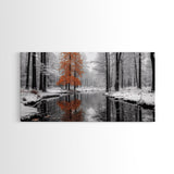 Orange Tree, Snow Forest, Winter River, Autumn Contrast, Canvas Print, Fall Wall Decor, Living Room Art, Nature Photography, Moody Art