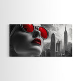 Red Lips, Urban Glam, High Fashion, City Vibes – Framed Canvas Print, Modern Pop Art, Living Room Wall Art, Bold Aesthetic, Edgy Decor
