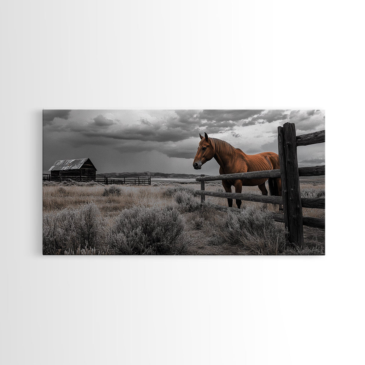 Rustic Horse, Country Fence, Western Scene, Moody Skies – Framed Canvas Print, Farmhouse Wall Art, Autumn Decor, Cabin Living, Cowboy Vibe