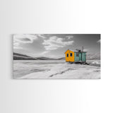 Yellow Cabin, Frozen Lake, Snowy Escape, Winter Minimalism – Framed Canvas Print, Scandinavian Wall Art, Cozy Living Room, Nordic Style