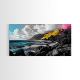 Vibrant Coastline, Yellow Cliff, Blue Ocean, Tropical Escape – Framed Canvas Print, Beach Wall Art, Boho Decor, Hawaii Inspired Room Vibe