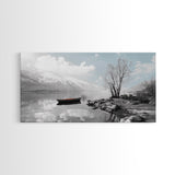 Solitary Boat, Alpine Lake, Tranquil Shore, Winter Silence – Canvas Print, Minimalist Wall Art, Bedroom Decor, Scandinavian Aesthetic