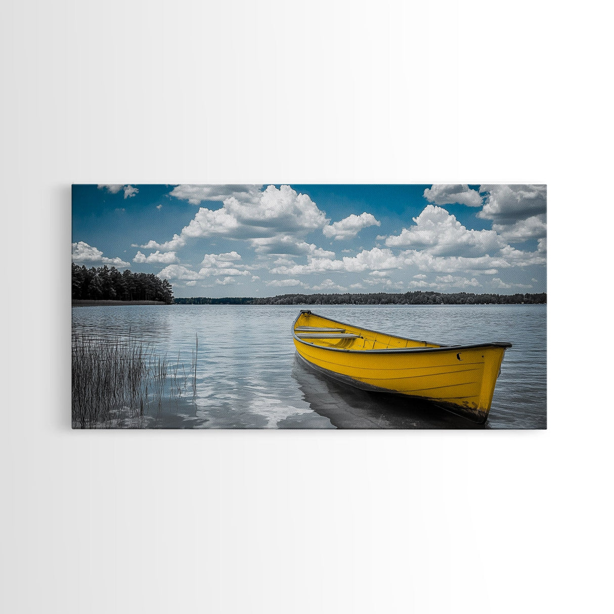 Yellow Rowboat, Calm Waters, Blue Sky, Sunny Lake – Framed Canvas Print, Summer Wall Art, Coastal Decor, Modern Nautical Style
