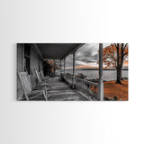 Lake Porch, Autumn Trees, Rocking Chairs, Sunset Serenity – Canvas Print, Fall Wall Art, Country Home Decor, Rustic Americana Landscape