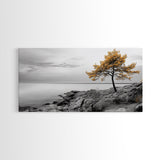 Yellow Tree, Rocky Coast, Minimal Landscape, Ocean Breeze – Canvas Print, Zen Wall Art, Nature Minimalist Decor, Scandinavian Interior