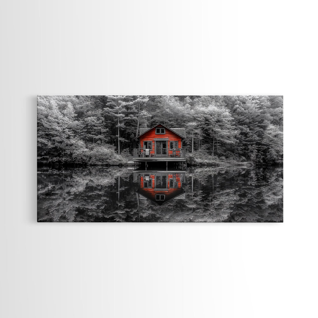 Red Cabin, Lake Reflection, Autumn Escape, Forest Retreat, Framed Canvas Print, Rustic Wall Art, Cabin Decor, Fall Living Room Artwork