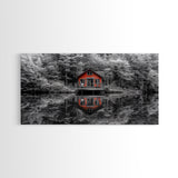Red Cabin, Lake Reflection, Autumn Escape, Forest Retreat, Framed Canvas Print, Rustic Wall Art, Cabin Decor, Fall Living Room Artwork