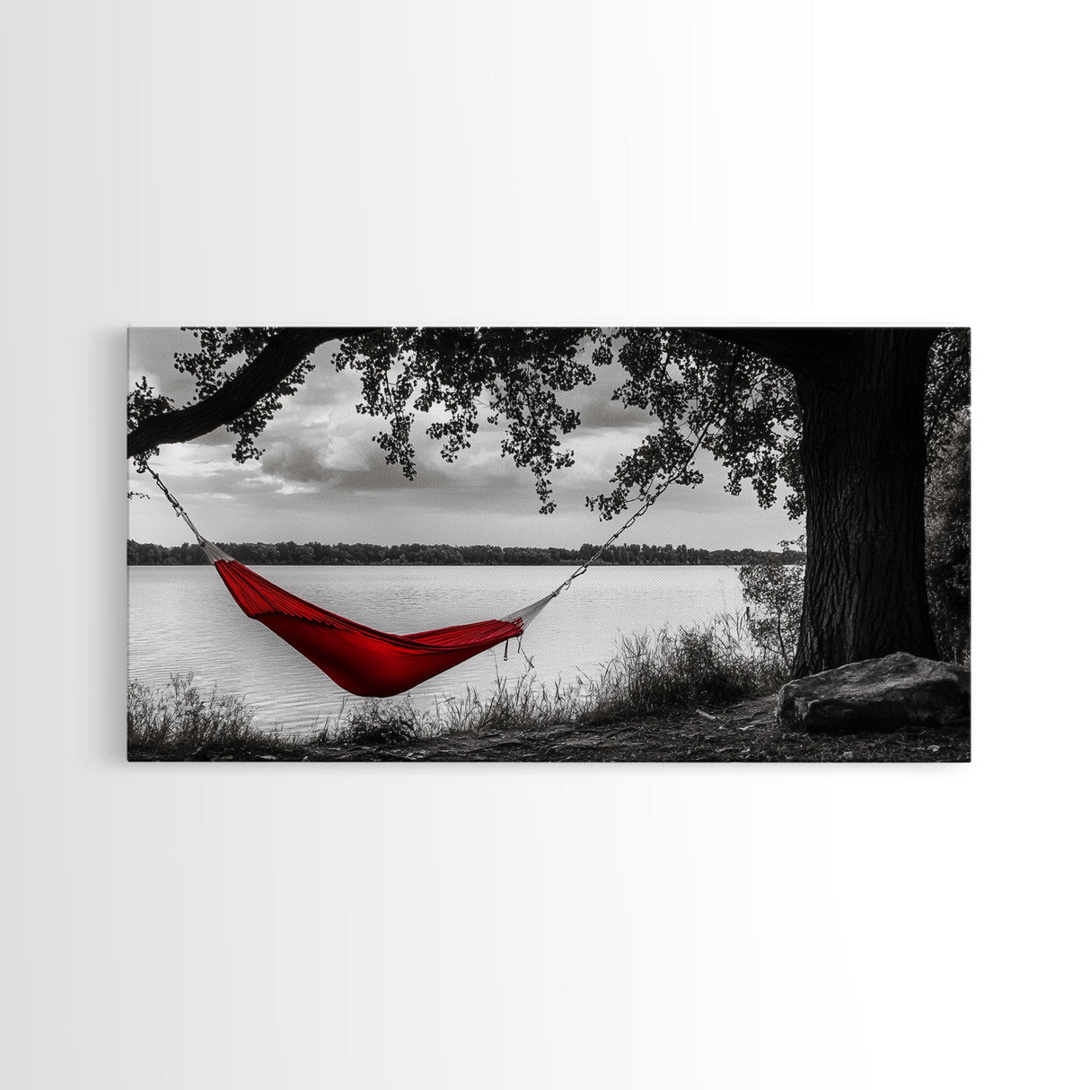 Red Hammock, Lakeside View, Tranquil Nature, Tree Shade, Framed Canvas Print, Boho Wall Art, Bedroom Decor, Relaxing Forest Landscape